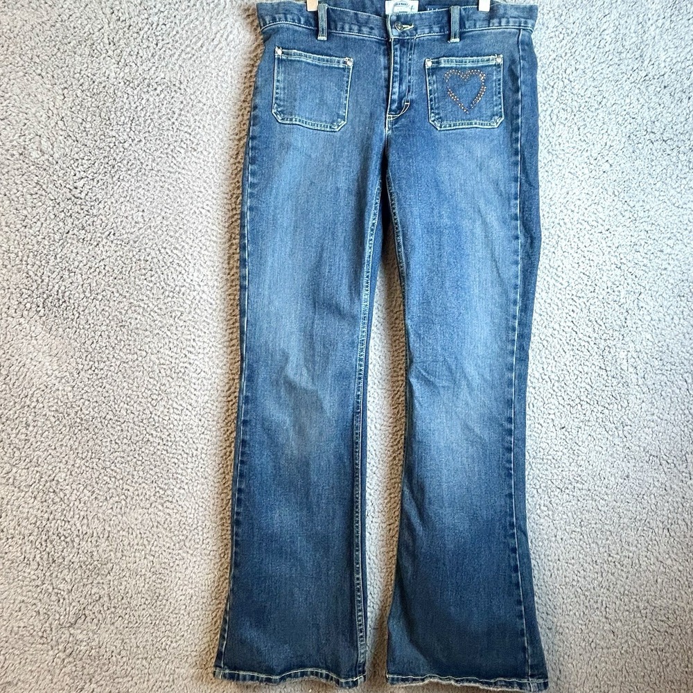VTG Old Navy Women Jeans Size 8 Low Rise Extra Flare Embellished Heart Denim Y2K